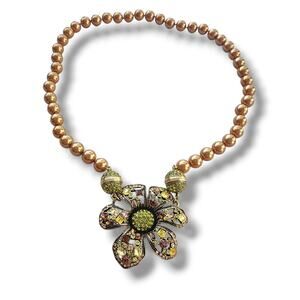 HEIDI DAUS Anemone Floral Crystal Pendant Pearl Necklace Golden Shadow Cognac